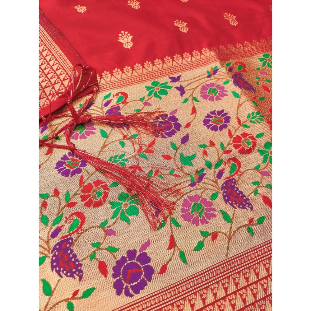 Red Banarasi silk printed unstitched salwar suit set with dupatta (3m)