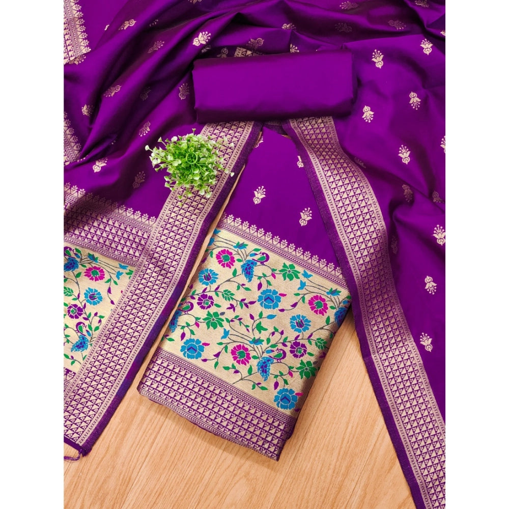 Purple Banarasi silk printed unstitched salwar suit set (3m) with dupatta, vibrant Indian traditional women's wear