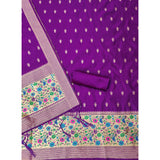 Purple Banarasi silk printed unstitched salwar suit set with dupatta (3m), traditional Indian women's clothing on display