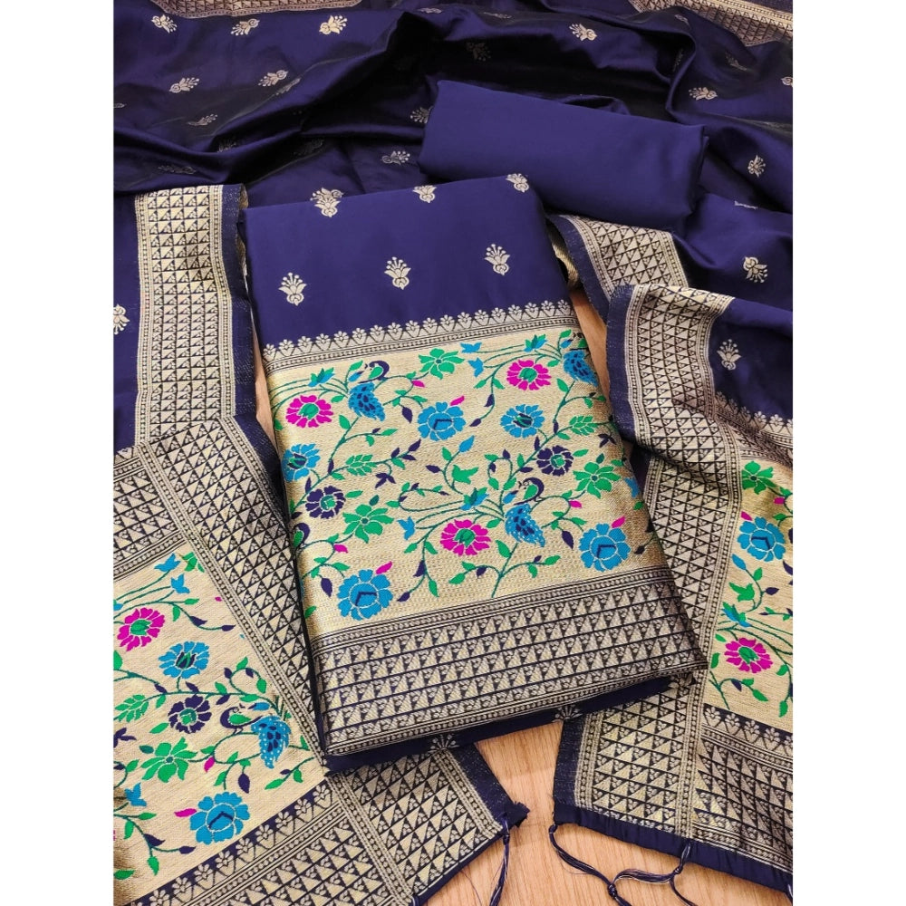 Navy Blue Banarasi Silk Printed Unstitched Salwar Suit with dupatta (3m)