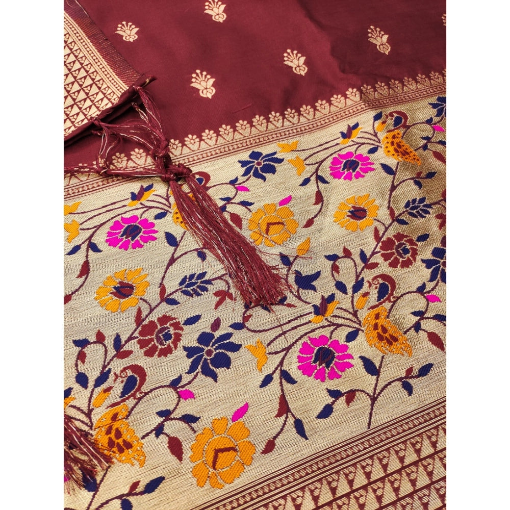 Maroon Banarasi silk printed unstitched salwar suit with dupatta (3mts total length)