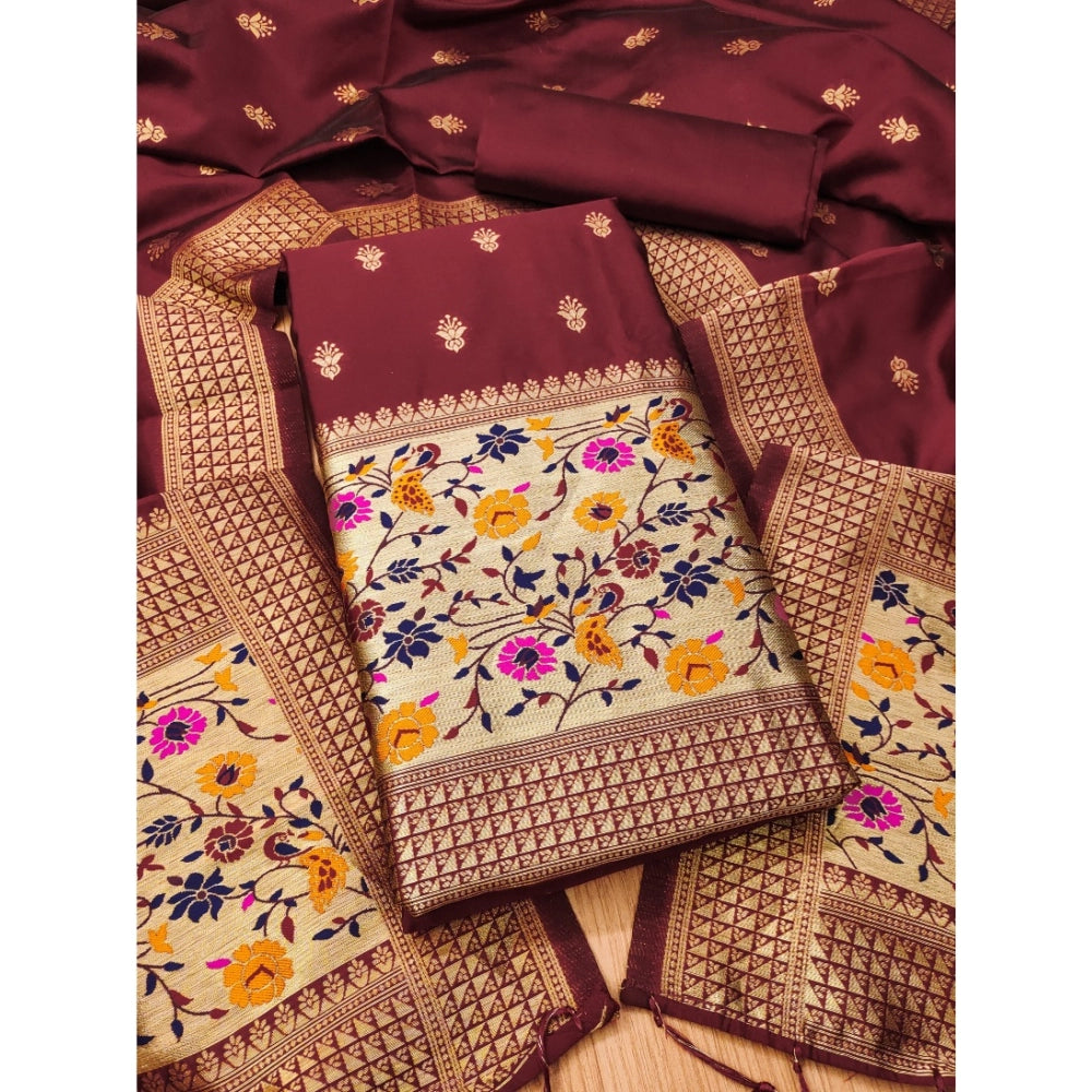 Maroon Banarasi silk printed unstitched salwar suit with dupatta (3m) - traditional Indian women's fashion wear
