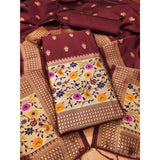 Maroon Banarasi silk printed unstitched salwar suit with dupatta (3m) - traditional Indian women's fashion wear