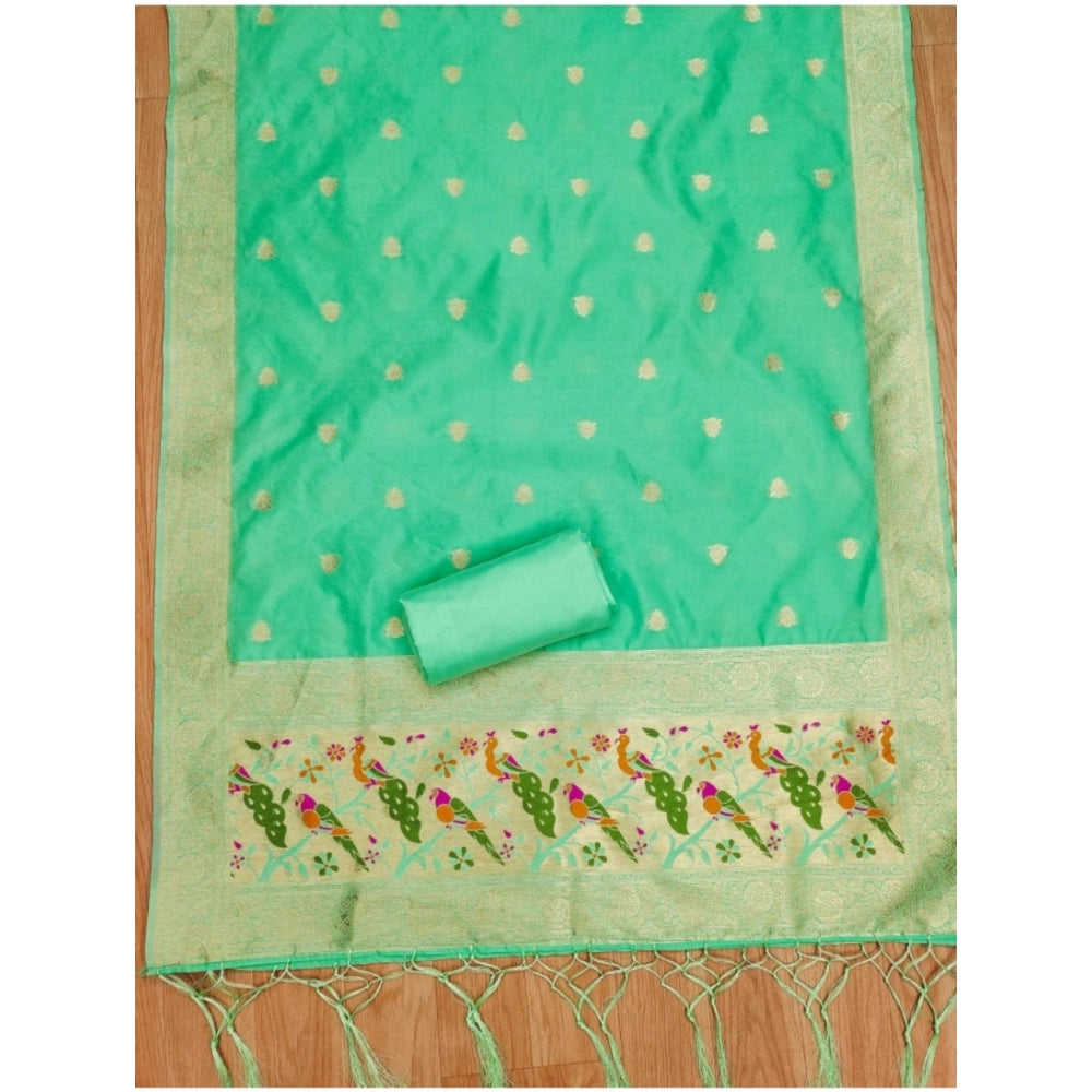 Sea Green Banarasi Silk Printed Unstitched Salwar Suit with Dupatta (3m, 2.50m bottom, 2.30m dupatta)