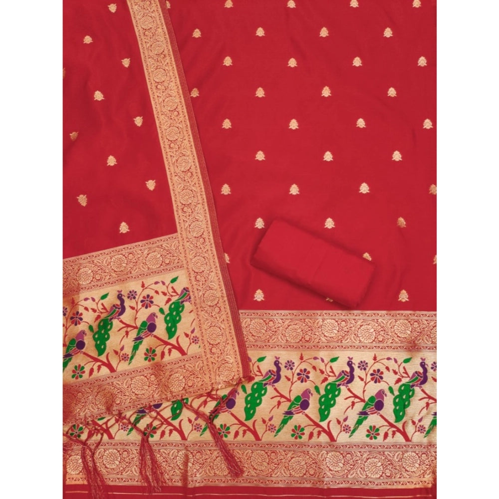 Red Banarasi Silk printed unstitched salwar suit with dupatta (3m)