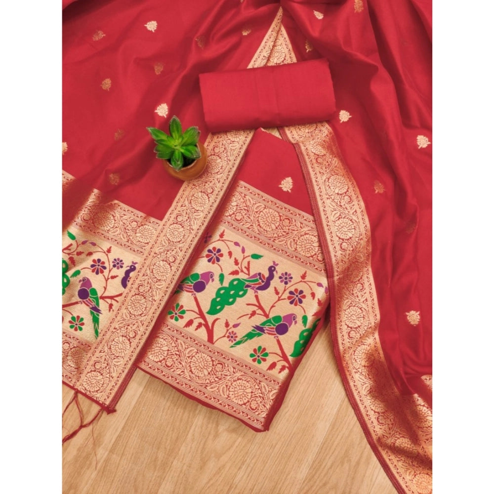 Red Banarasi silk printed unstitched salwar suit with dupatta (3m), high-quality traditional Indian women's wear