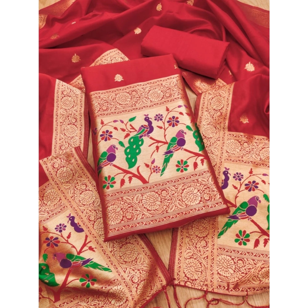 Red Banarasi silk printed unstitched salwar suit set with dupatta (3m)