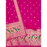 Pink Banarasi Silk printed unstitched salwar suit with dupatta (3m) on display stand