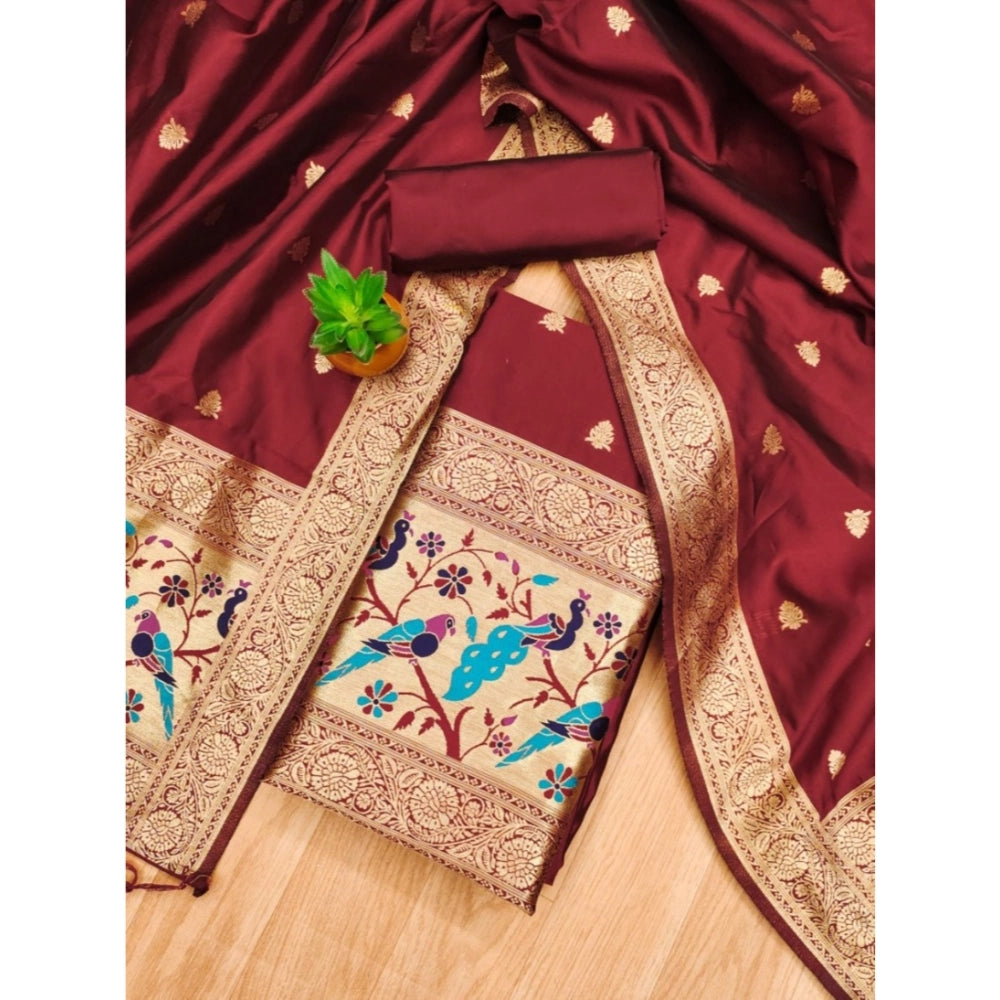Maroon Banarasi silk printed unstitched salwar suit set with dupatta (3m)