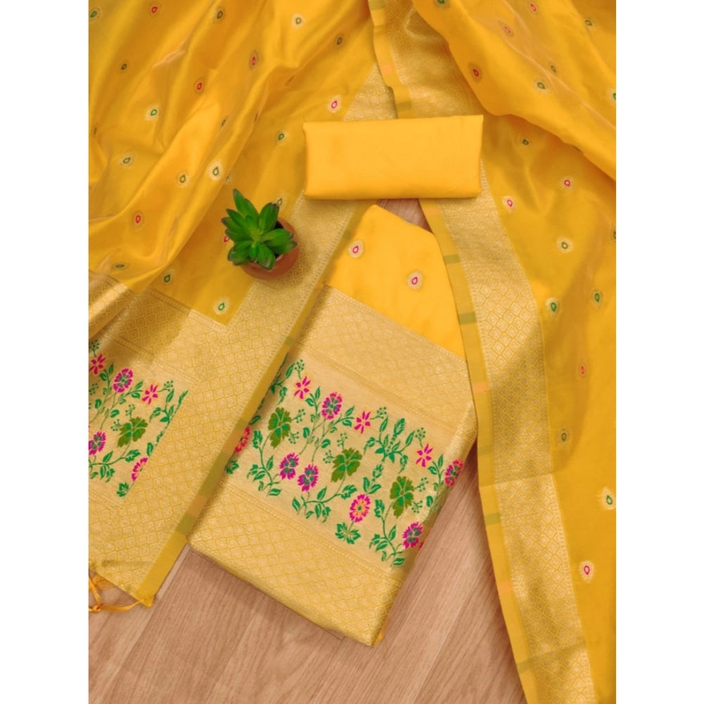 Yellow Banarasi Silk printed unstitched salwar suit & dupatta, 3m long