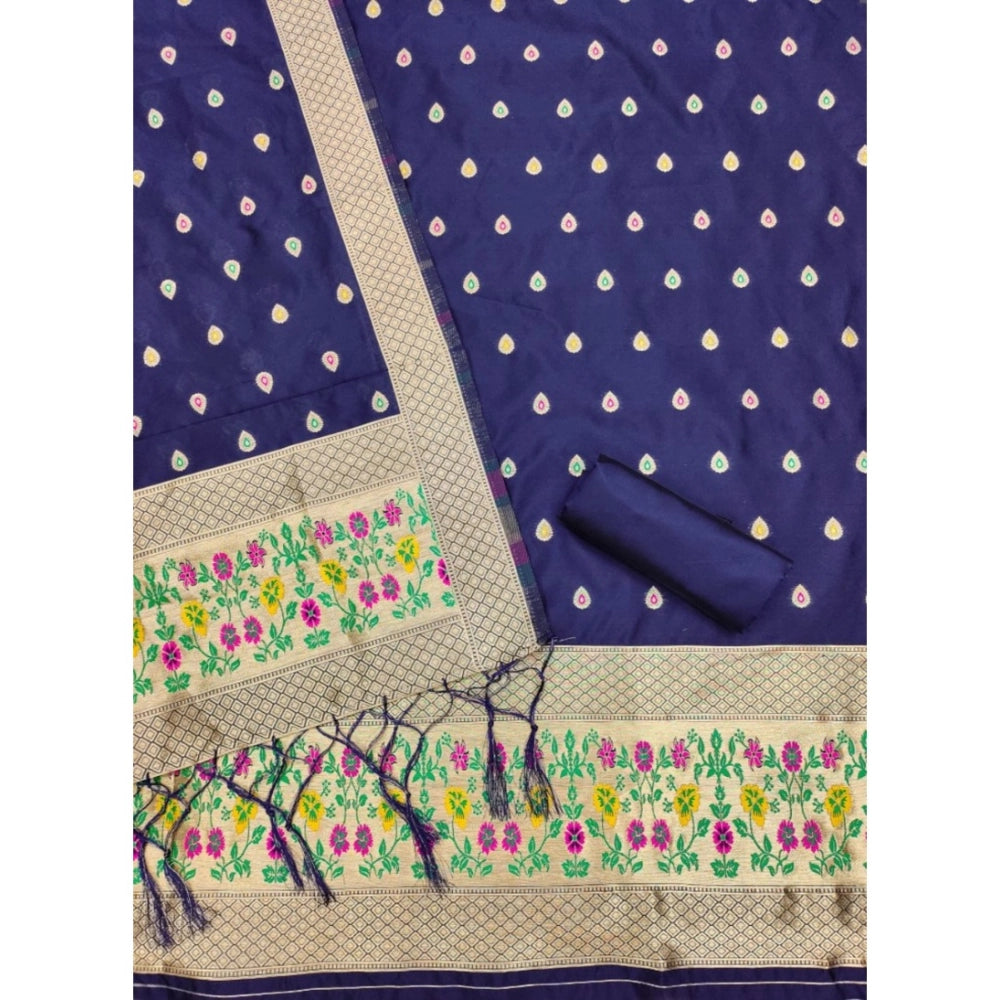 Navy blue Banarasi silk printed unstitched salwar suit with dupatta (3m)