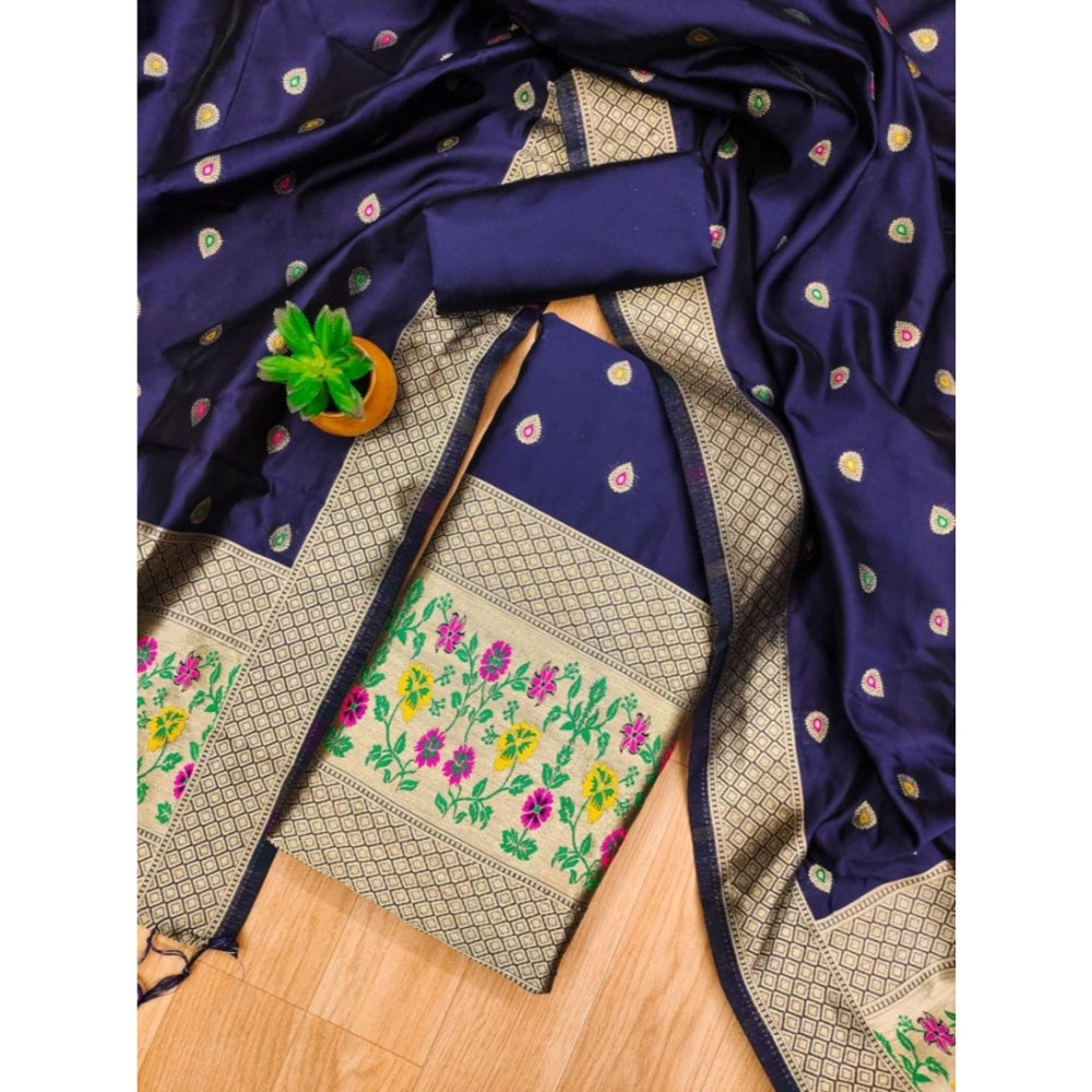 Navy Blue Banarasi Silk Printed Unstitched Salwar Suit with Dupatta (3m)