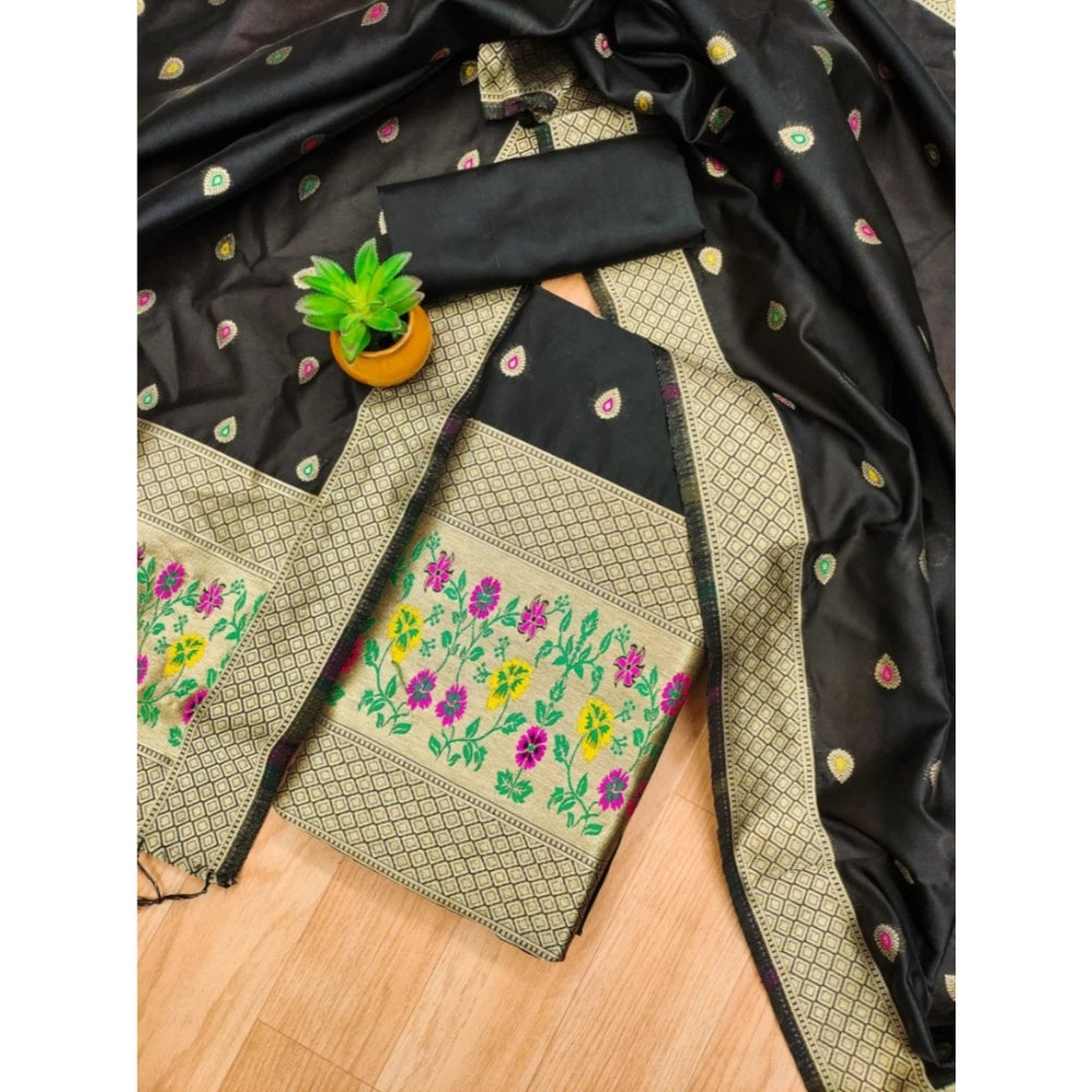 Black Banarasi silk printed unstitched salwar suit set with dupatta (3m)