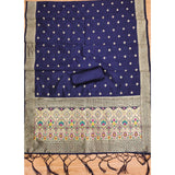 Navy blue Banarasi silk printed unstitched salwar suit with dupatta (3m), perfect for traditional occasions