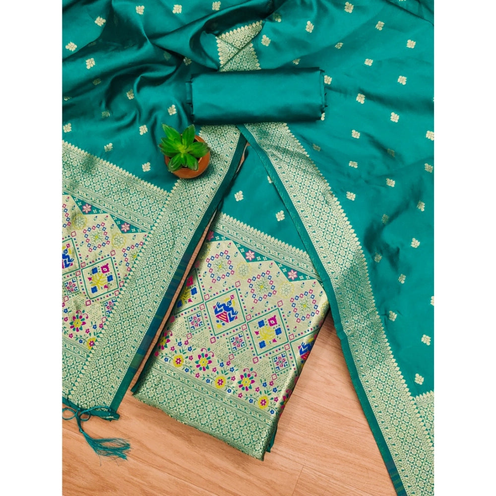 Rama-colored Banarasi silk printed unstitched salwar suit with dupatta (3m), women's formal Indian wear