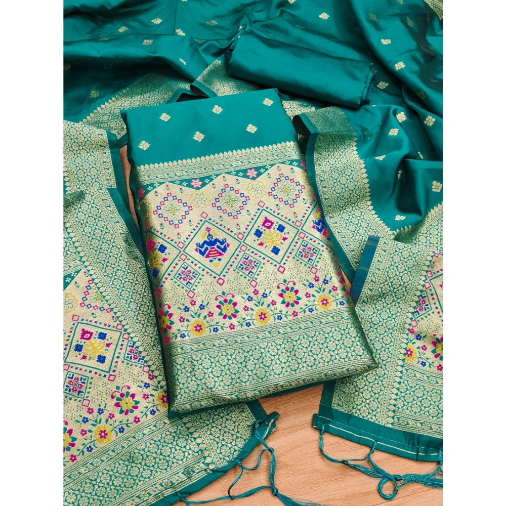 Banarasi silk printed unstitched Rama salwar suit with dupatta (3m), vibrant Indian fashion wear on mannequin