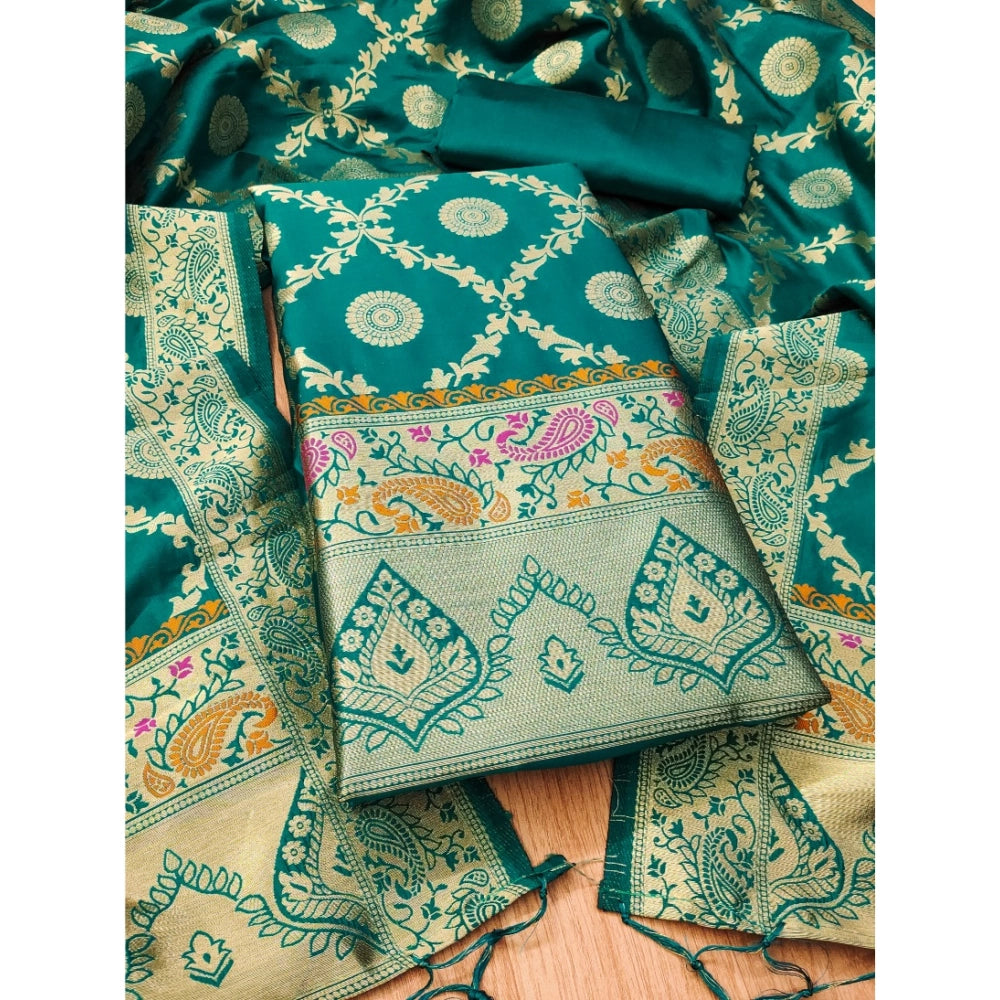 Rama colored Banarasi silk printed unstitched salwar suit set (3m) with dupatta, traditional Indian women's wear