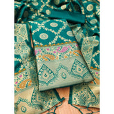 Rama colored Banarasi silk printed unstitched salwar suit set (3m) with dupatta, traditional Indian women's wear