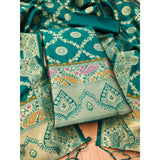 Rama colored Banarasi silk printed unstitched salwar suit with dupatta (3m), ideal for traditional Indian wear