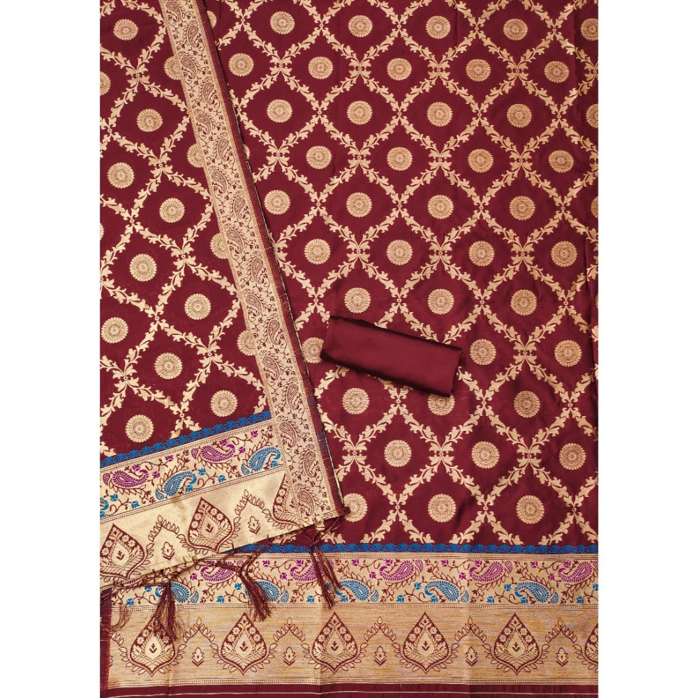 Maroon Banarasi silk printed unstitched salwar suit with dupatta (3m)