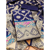 Navy Blue Banarasi Silk Printed Unstitched Salwar Suit Set with Dupatta (3m)