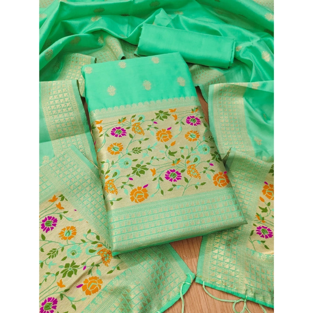 Sea green Banarasi silk printed unstitched salwar suit with dupatta (3m), ideal for traditional Indian occasions