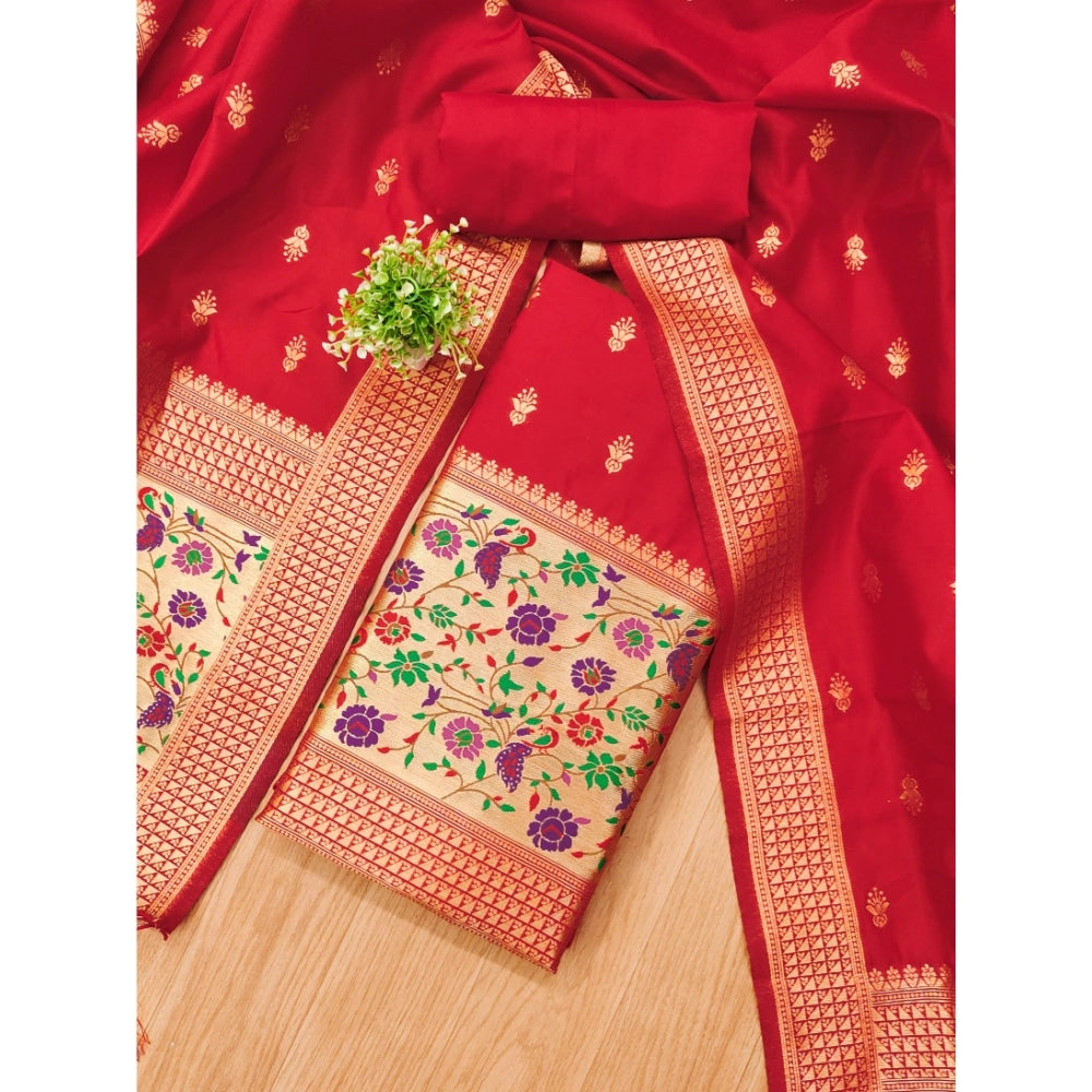 Red Banarasi Silk printed unstitched salwar suit with dupatta (3m) on display