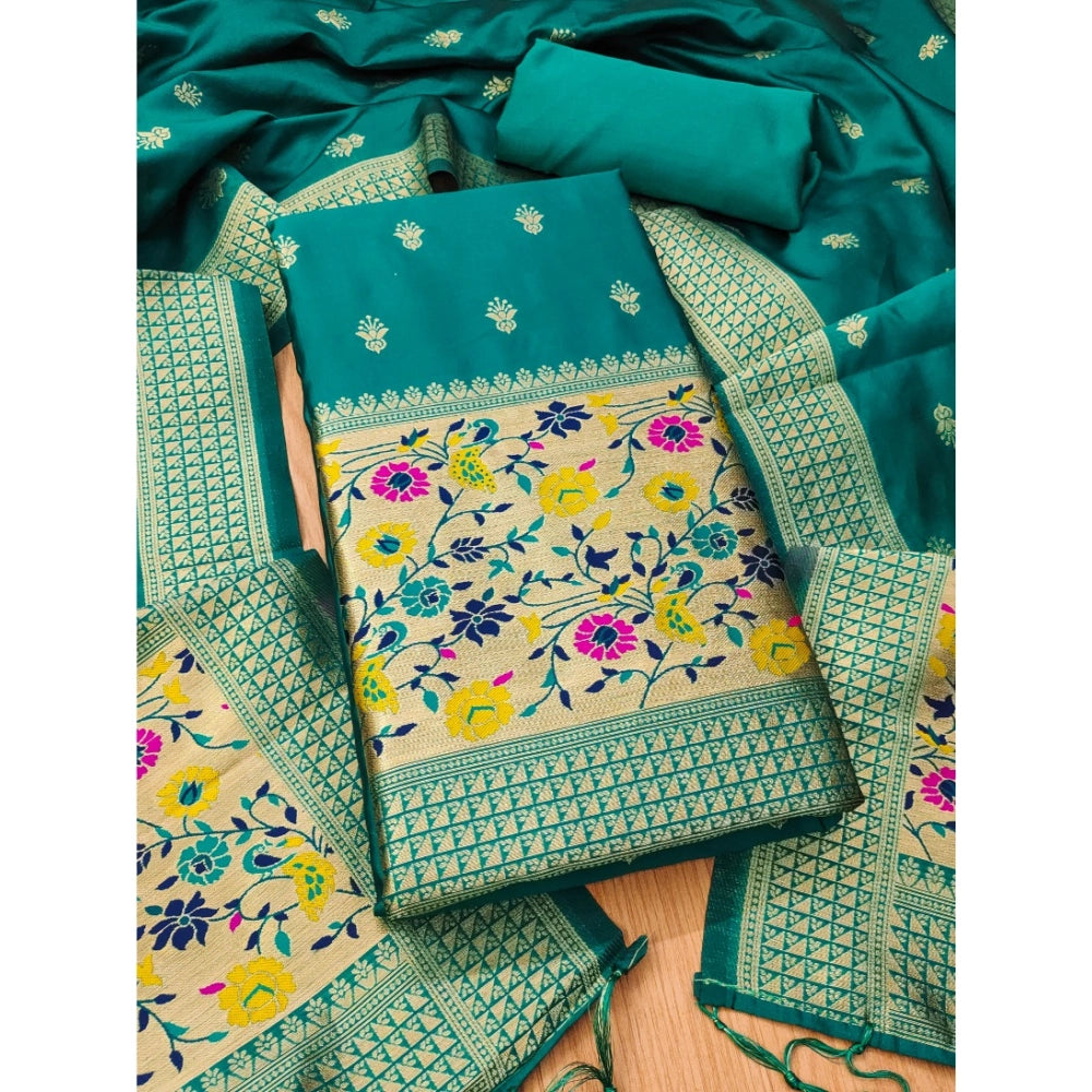 Banarasi silk printed unstitched salwar suit with dupatta (Rama), 3m long top, 2.50m long bottom, 2.30m long dupatta