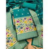 Banarasi silk printed unstitched salwar suit with dupatta (Rama), 3m long top, 2.50m long bottom, 2.30m long dupatta