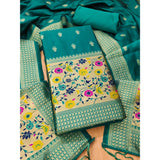 Banarasi silk printed unstitched salwar suit with dupatta (Rama), 3m long top, 2.50m long bottom, 2.30m long dupatta