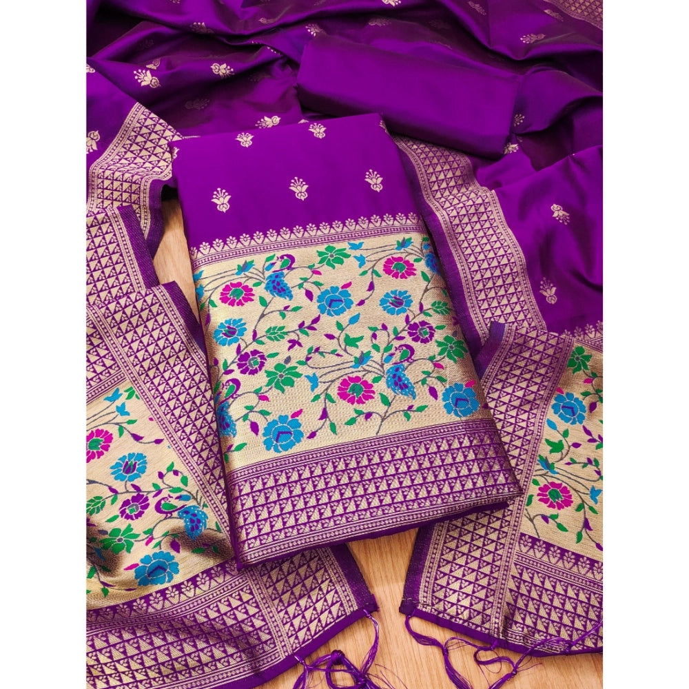 Purple Banarasi silk printed unstitched salwar suit with dupatta (3m)