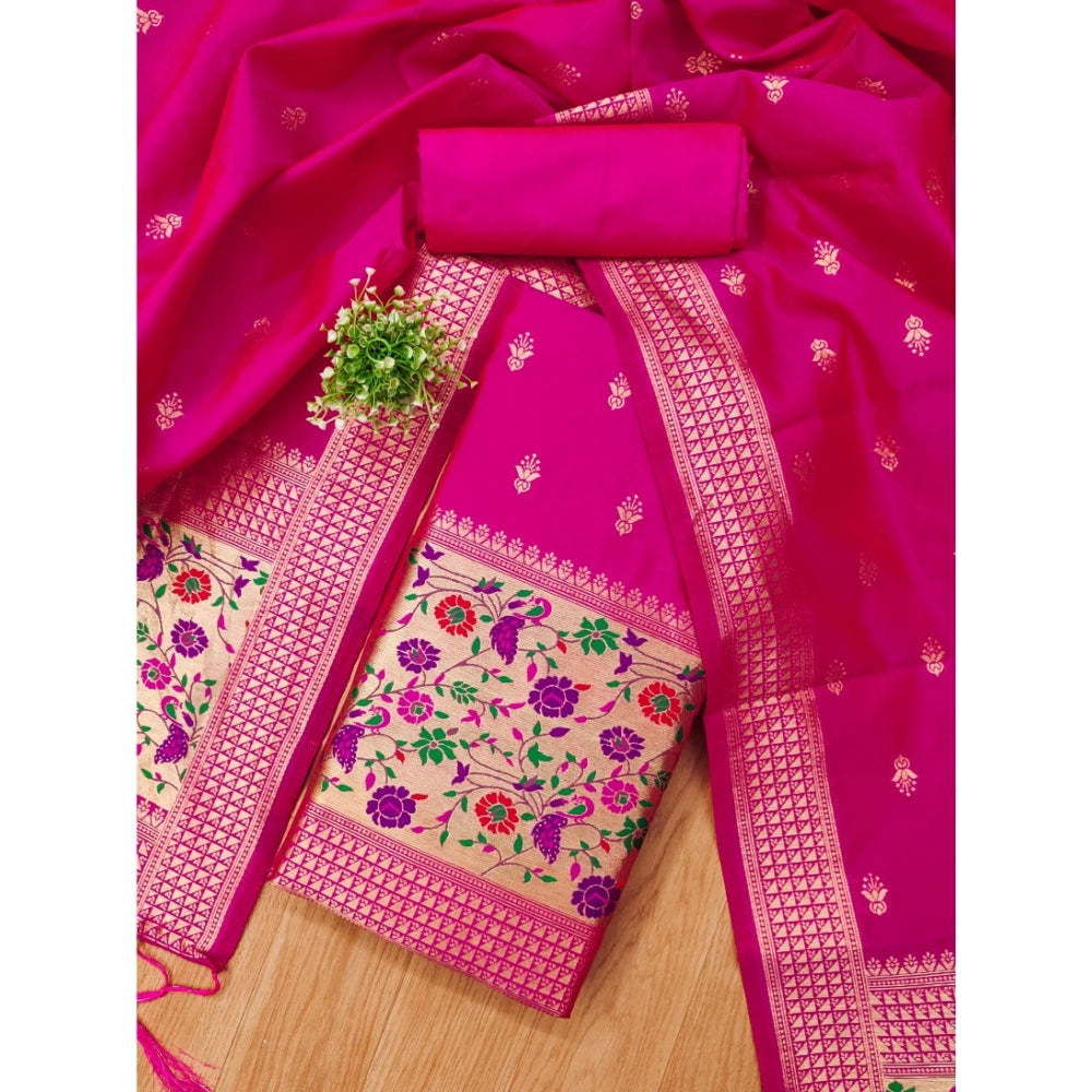 Pink Banarasi Silk printed unstitched salwar suit with dupatta (3m) on model