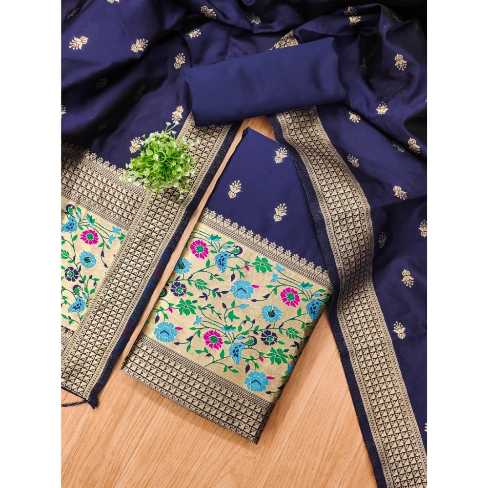Navy Blue Banarasi Silk printed unstitched salwar suit with dupatta (3m) on mannequin