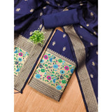 Navy Blue Banarasi Silk printed unstitched salwar suit with dupatta (3m) on mannequin