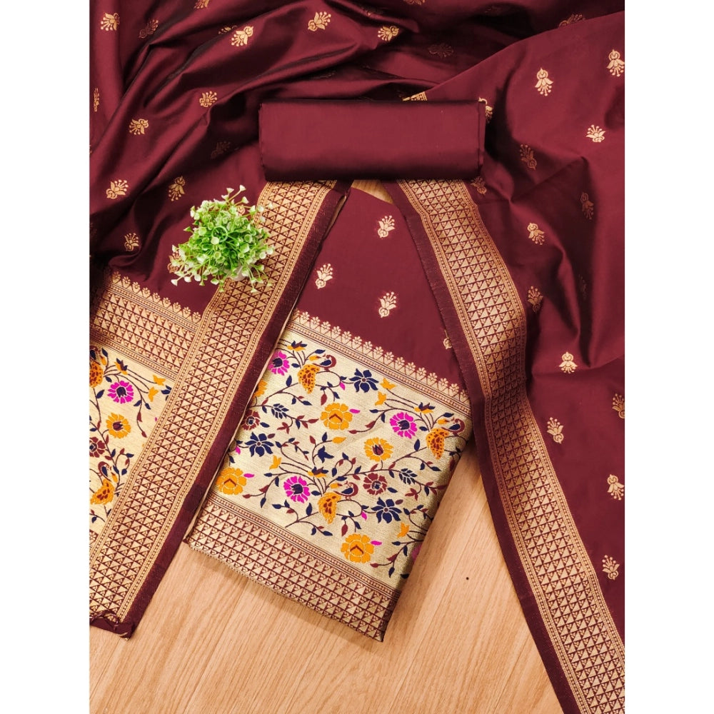 Maroon Banarasi silk printed unstitched salwar suit with dupatta (3m) - traditional Indian women's fashion attire on display