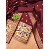 Maroon Banarasi silk printed unstitched salwar suit with dupatta (3m) - traditional Indian women's fashion attire on display