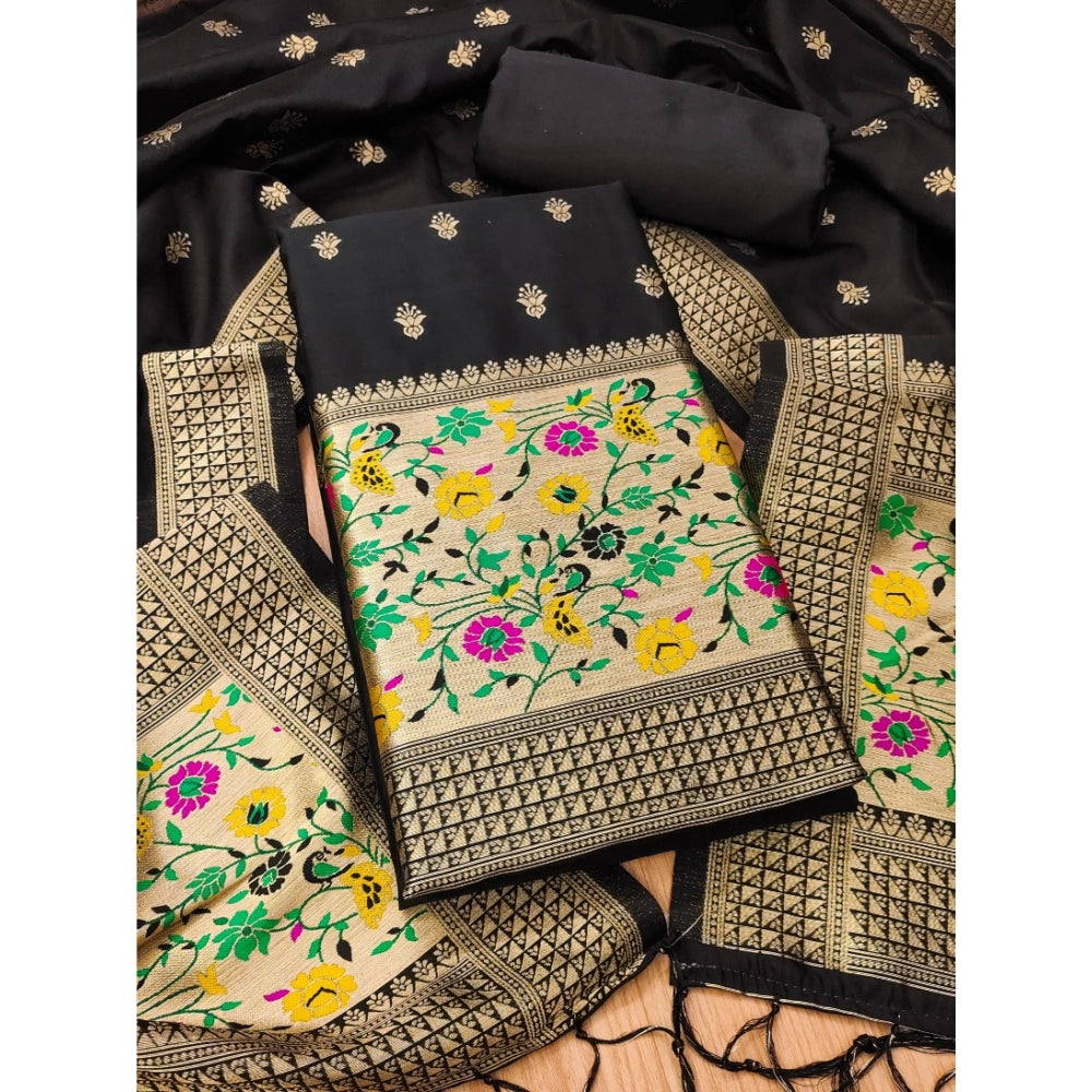 Black Banarasi Silk printed unstitched salwar suit set with dupatta, 3m long