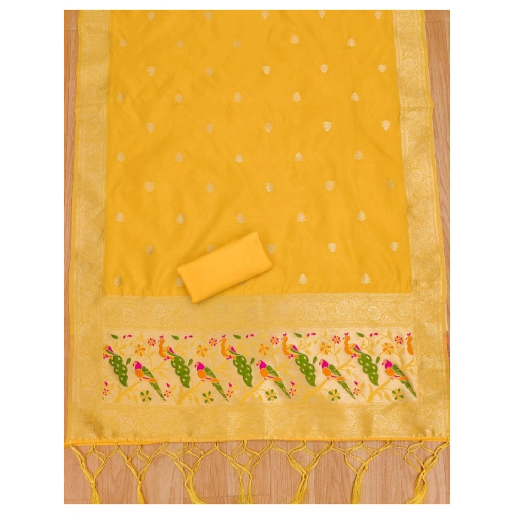 Yellow Banarasi silk printed unstitched salwar suit set with dupatta (3m)