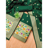 Bottle green Banarasi silk printed unstitched salwar suit with dupatta (3m), ideal for traditional Indian occasions