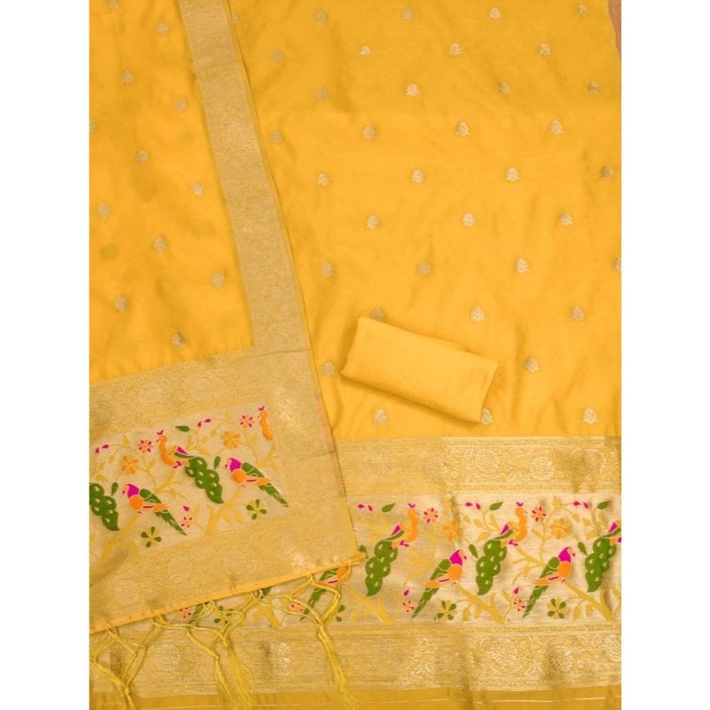 Yellow Banarasi Silk printed unstitched salwar suit set with dupatta (3m) on mannequin