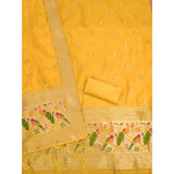 Yellow Banarasi Silk printed unstitched salwar suit set with dupatta (3m) on mannequin