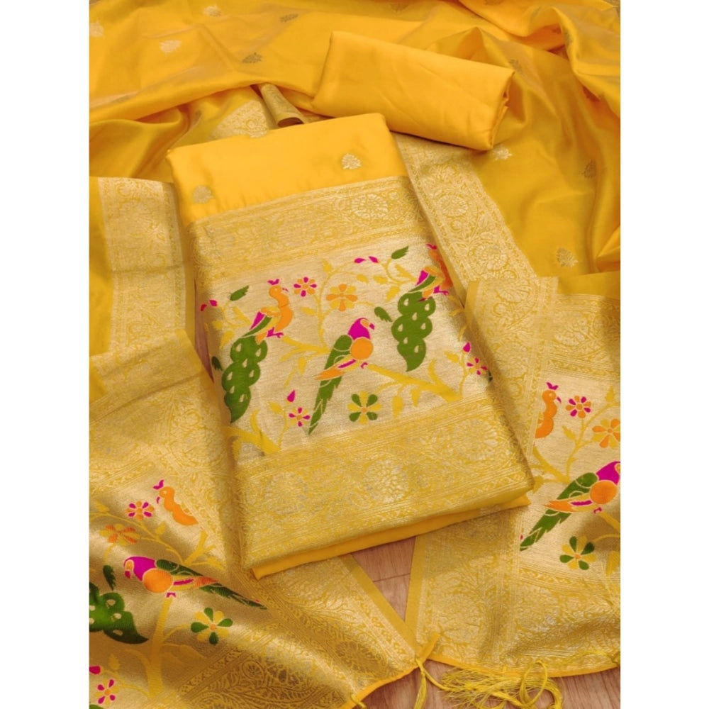 Yellow Banarasi silk printed unstitched salwar suit with dupatta (3m) on mannequin