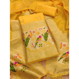 Yellow Banarasi silk printed unstitched salwar suit with dupatta (3m) on mannequin