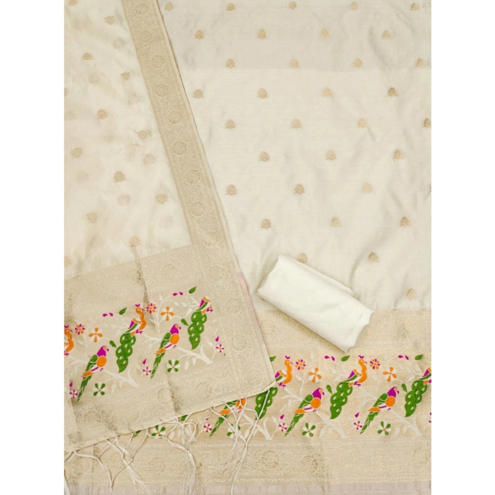 White Banarasi Silk printed unstitched salwar suit set with dupatta (3m) on hanger