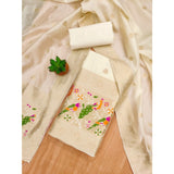 White Banarasi Silk printed unstitched salwar suit with dupatta (3m) on mannequin