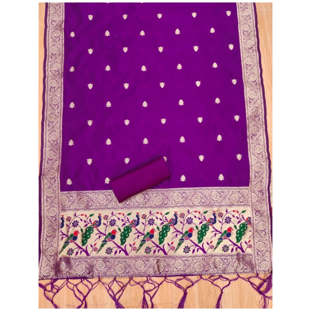 Purple Banarasi silk printed unstitched salwar suit set with dupatta (3m)