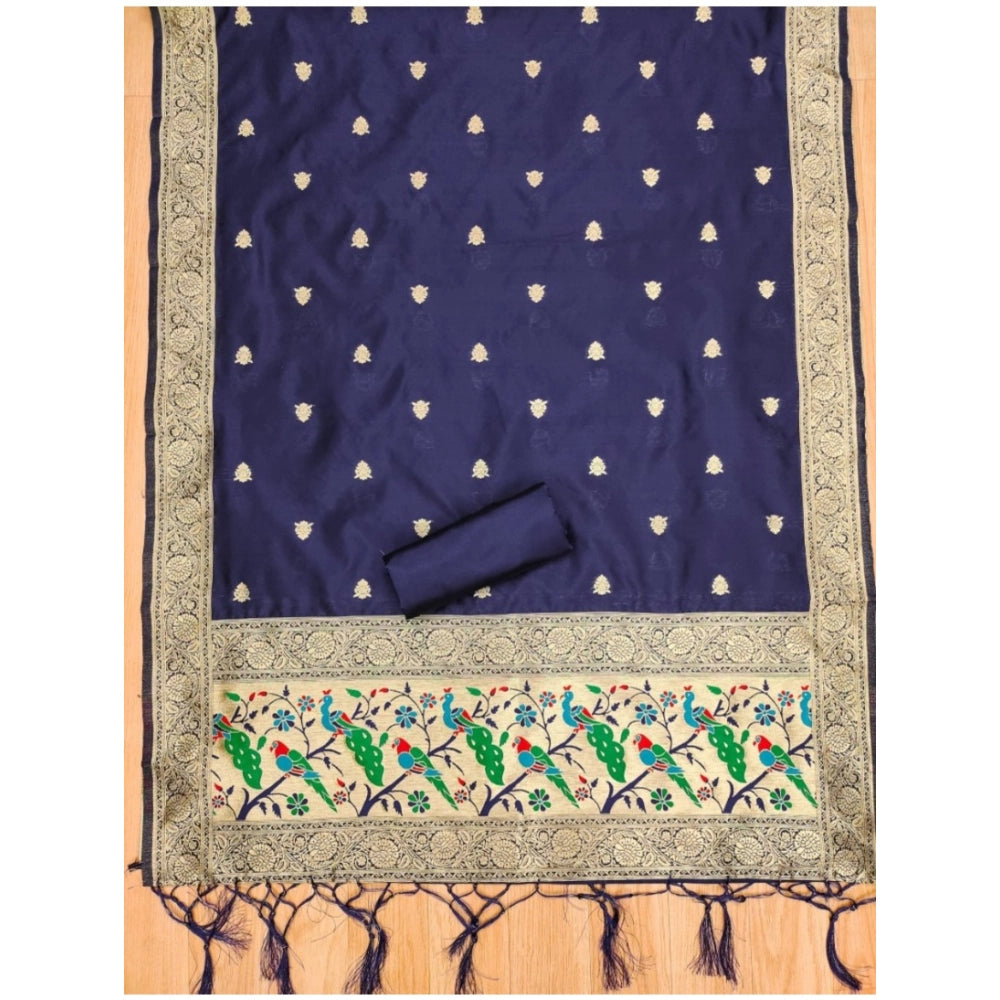 Navy Blue Banarasi Silk Printed Unstitched Salwar Suit Set with dupatta (3m) on mannequin