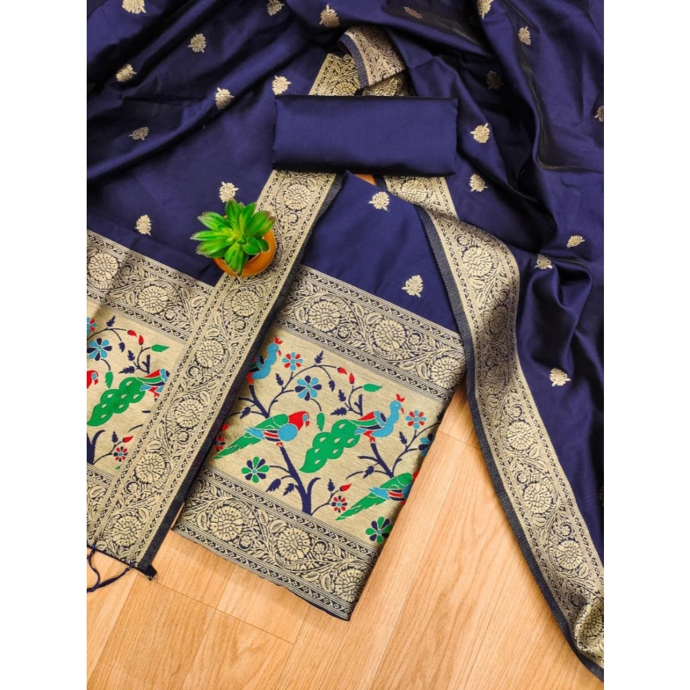 Navy Blue Banarasi Silk Printed Unstitched Salwar Suit Set with Dupatta (3m)