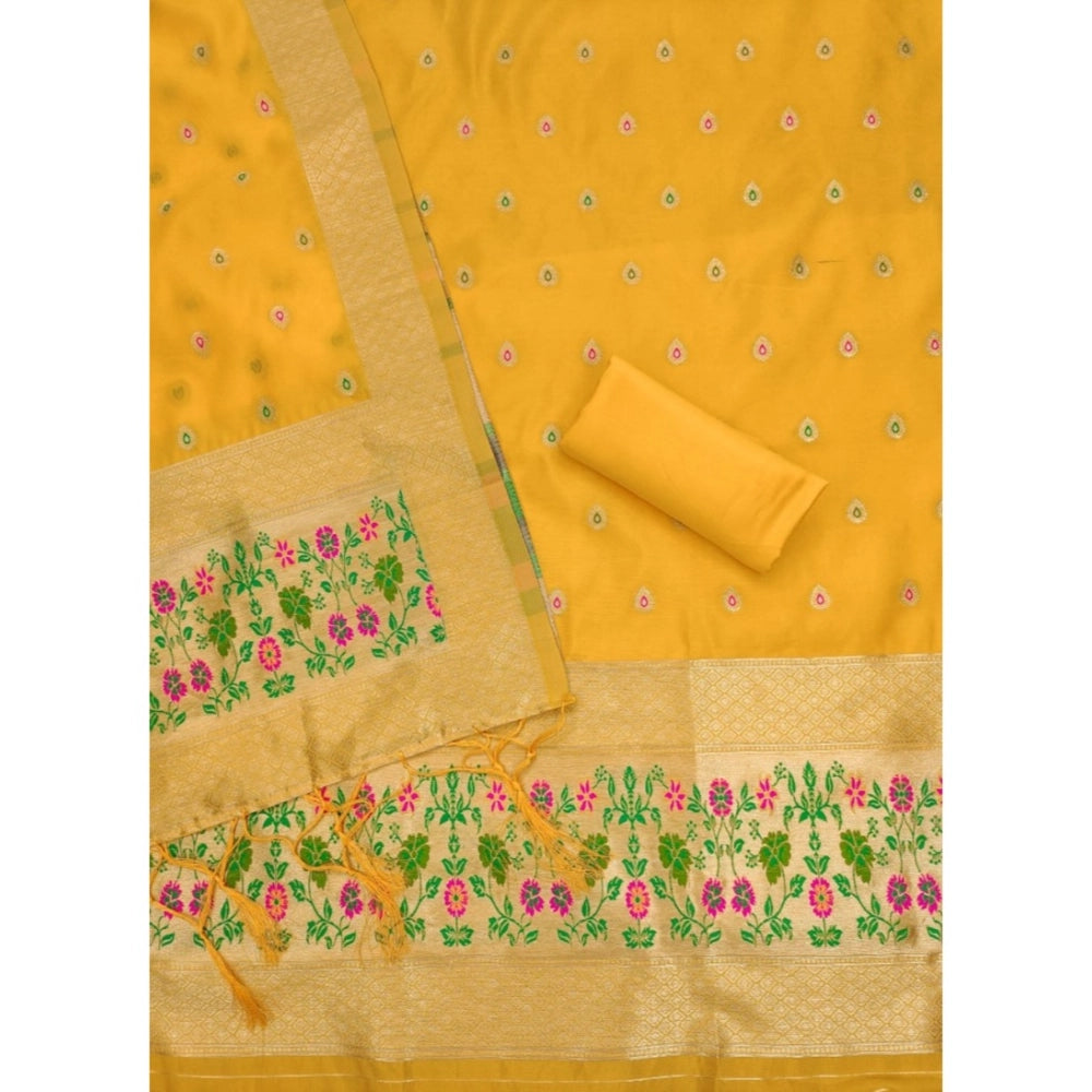 Yellow Banarasi silk printed unstitched salwar suit & dupatta (3m)
