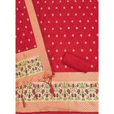 Red Banarasi silk printed unstitched salwar suit (3m) with dupatta on mannequin